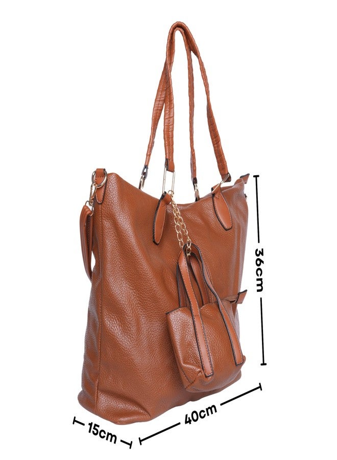 SANTORINI DuoCharm Women’s Trapezoid Tote Bag | Spacious Shoulder Handbag with Mini Bag Charm, 1 Compartment, Multiple pockets, Detachable Sling Strap | Fits 14” Laptop (Brown) - Image 2